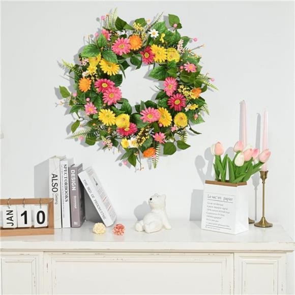 Spring Wreaths for Front Door, 22'' Summer Front Door Wreath with Daisy Flowers - Picture 3 of 7